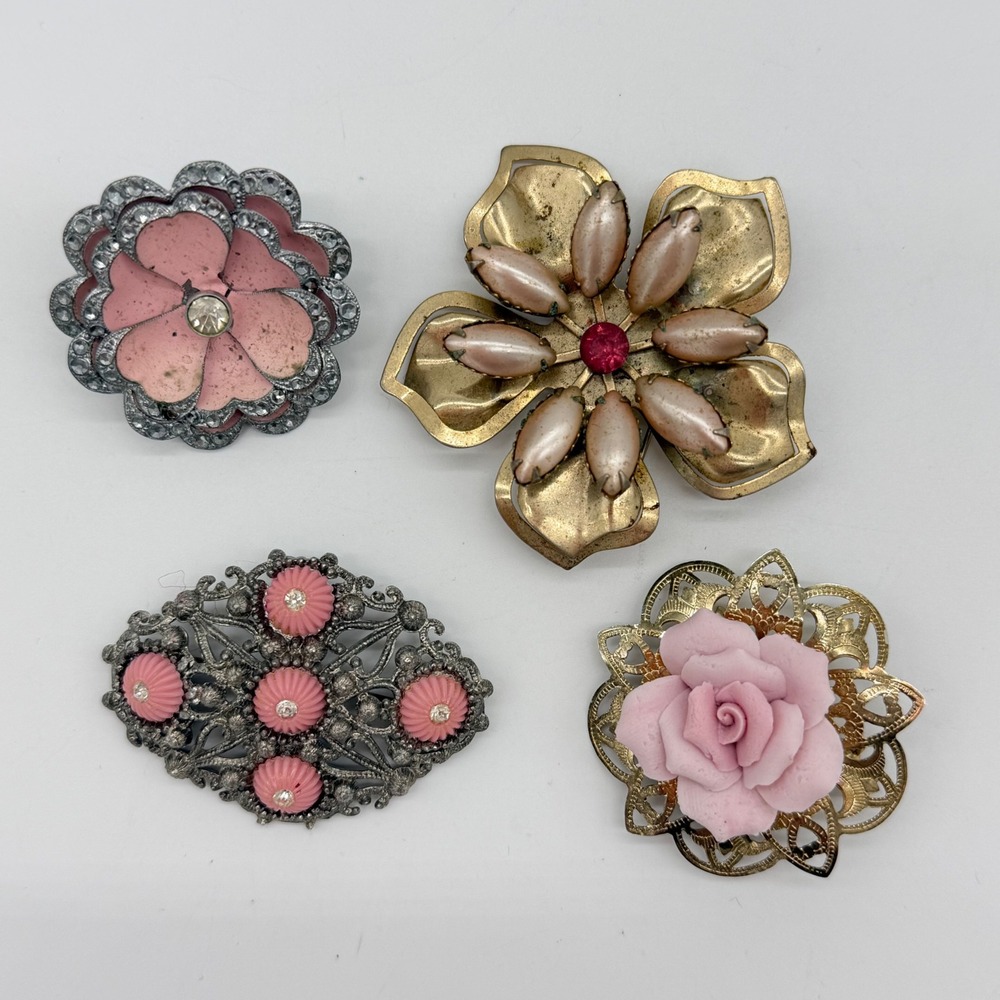 Vintage Pink Flower Brooch‎ Lot 4pc Rhinestone Enamel Filigree Floral Pins